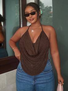 Firerie Plus Size Sexy Draped Neck Backless Top, Summer - Brown - View 4