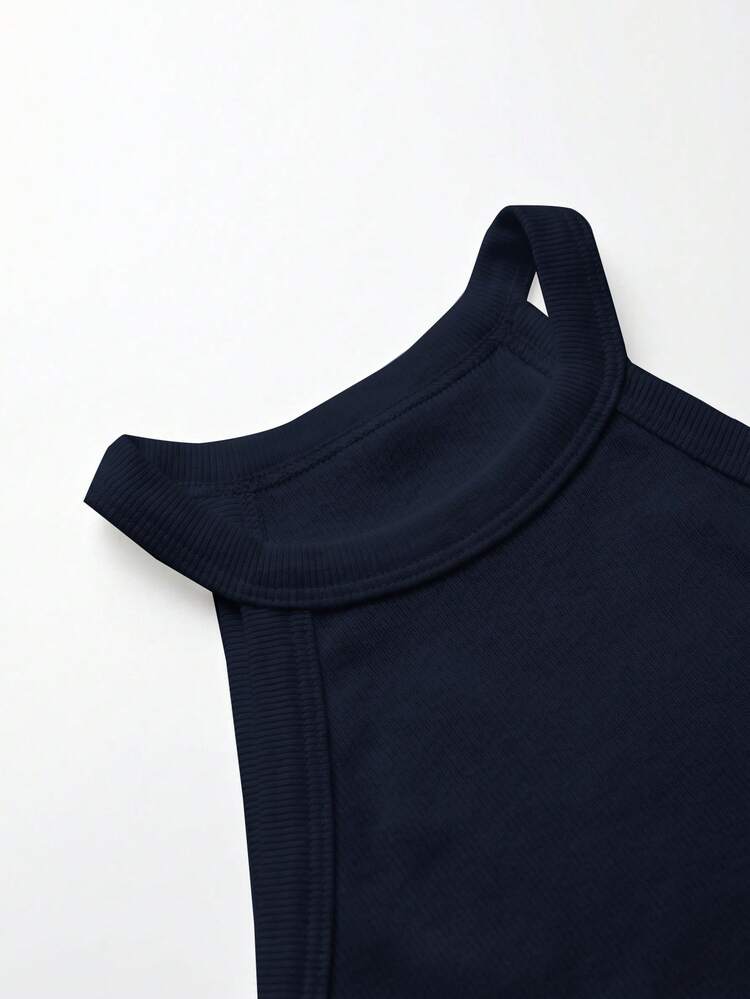 Slaydiva Spring/Summer New Casual Basic Versatile Solid White Ribbed Crew Neck Racer Back Off-Shoulder Women Tank Top. Suitable For Dates, Valentine's Day, Wedding Season, Party, Sexy Clubs, Sports,Yoga,Vacations, Beach, Boho Style, Sandy Beaches, Back To School, Everyday Outings, Party, Afternoon Tea, Brunch Outfits, Airport Outfits - Navy Blue - View 5