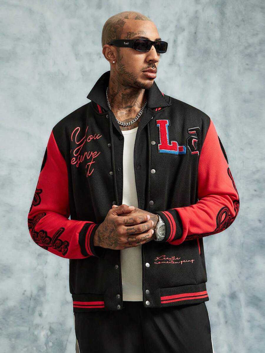 INCRYTM Men's Casual Fashion Street Collegiate Style Patch Decor Baseball Jacket, Autumn/Winter Custom Varsity Letterman Football - Red - View 1