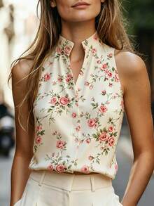 SHEIN Franclia 女款休閒優雅浪漫無袖粉白印花V領襯衫上衣背心 波點復古 日常聚會早午餐 夏季度假 - 杏色 - 查看 4