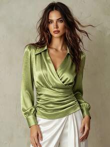 Franclia Elegant Olive Green Blouse For Women,Fall Winter Office Top  Puff Long Sleeve,Collar Neck,Asymmetrical Hem,Cinched Waist & Side Hidden Zipper Details - Olive Green - View 1