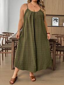 SHEIN CURVE+ Vestido casual suelto con tirantes finos y espalda descubierta con estampado de árbol, adecuado para vacaciones y playa en tallas grandes - Verde - Ver 6