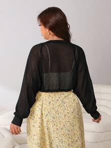 Solflare Cardigan de punto fino de manga larga en color liso versátil para tallas grandes - Negro - Ver 2