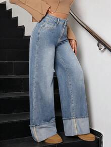 SHEIN Tall 女款寬腿寬鬆休閒百搭牛仔褲，附口袋 - 中等水洗藍 - 查看 3