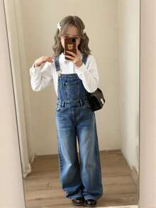 SHEIN Girls' Blue Denim Loose Overalls - Dark Wash - View 5