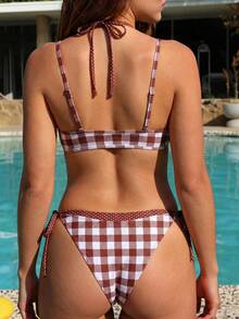 Swim Mod 女款 2 件式泳衣套裝，2 合 1，格紋與波點印花，綁帶設計，夏季度假海灘穿搭 - 彩色 - 查看 2