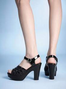 Sugerpunk Women's High-Heeled Round Toe Buckle Sandals - Black - View 11
