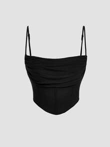 SHEIN MOD Biack Summer Solid Ruched Asymmetrical Hem Top - Black - View 3