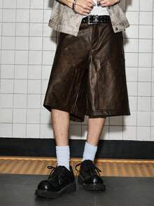 ROMWE MEN Men's PU Fashion Versatile Daily Casual Shorts - Brown - View 1