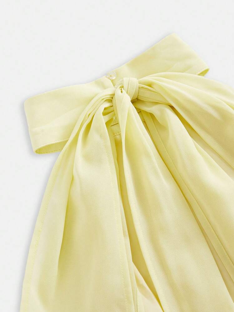 SHEIN Girlism 青少年女孩派對穿著 春夏新款優雅淡黃色雪紡細肩帶蝴蝶結短款迷你洋裝，夏季熱帶飄逸娃娃裙，畢業派對洋裝 - 黃色 - 查看 6