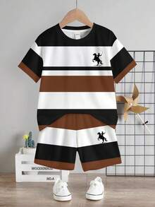 Young Boy Casual Minimalist Knight Striped Print Short Sleeve T-Shirt And Shorts Set - Multicolor - View 2