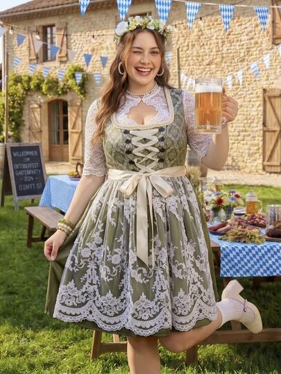 SHEIN Frenchy Große Größen süß elegant 1960er 90er Spitze Patchwork Kordelzug Bindung Oktoberfest Vintage-Stil Weiß Olivgrün Dirndl mit besticktem Mesh Kleid