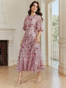 Anewsta Elegant Navy Blue Floral Mesh Ruffle Trim Sequin Embellished Short Sleeve Dress, Suitable For Party, Date, Resort Wear, Spring/Summer Outfits - Pink - View 5