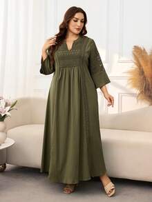 Lacomfia Plus Size Women's Solid Color Pleated Casual Daily Summer Dress - Green - View 4