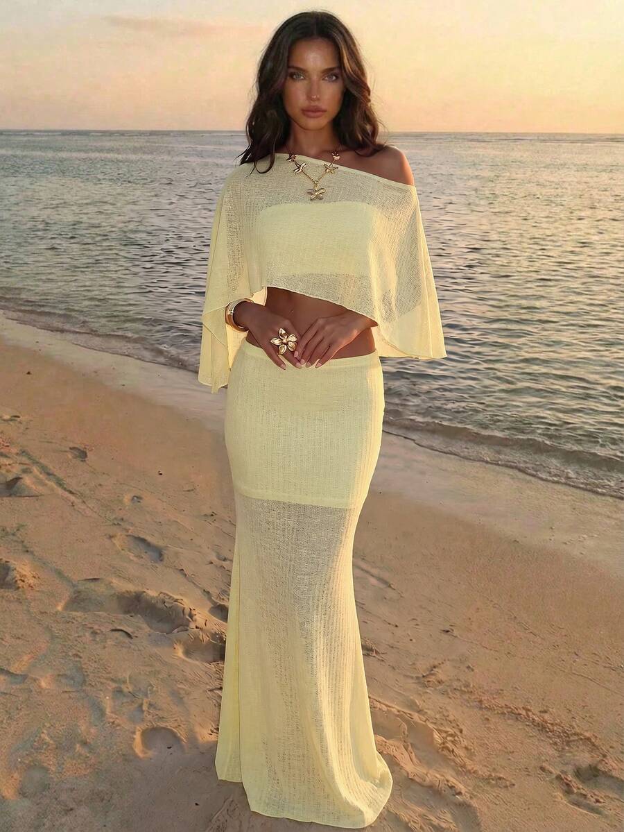 Aloruh Women's Vacation Sheer Asymmetric Neck Cropped Top And Maxi Skirt 2 Pieces Set Beach Party Vacation Pale Yellow Summer Sexy Tropical - Light Yellow - View 1