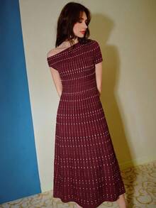MOTF PREMIUM ASYMMETRICAL SHOULDER COLORBLOCK POLKA DOT SWEATER DRESS - Redwood - View 2