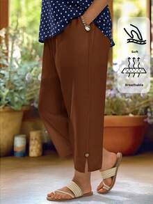 EMERY ROSE Pantalones largos casuales versátiles de unicolor para vacaciones en talla grande - Marrón Mocha - Ver 1