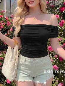 SHEIN MOD 三穿式女士休闲纯色修身上衣，适合夏季穿着，高领设计，露肩款式，美观大方，适合节日、乡村、海滩度假、下午茶聚会、晚宴等场合，风格端庄，可爱俏皮。 - 黑色 - 查看 3