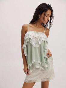 Bohemela Women's Chiffon Printed Spaghetti Strap Ruffle Hem Camisole, Suitable For Spring/Summer Vacation Vacation Sage Green Cute - Multicolor - View 5