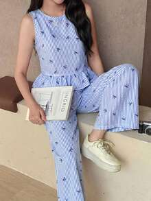 SHEIN 少女蓝白条纹无袖上衣，配木质纽扣和直筒裤，休闲度假套装，适合春夏假期、派对、优雅场合、返校季、户外家庭野餐、日常穿着。 - 藍色 - 查看 5