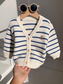 SHEIN Unisex Baby Jungen/Mädchen Baby Jungen Herbst/Winter Lässig Süß Gestreifter Strick Cardigan Pullover Jacke, Baby Jungen Herbst/Winter Kleidung, Weich, Vintage - Blau-Weiß - Übersicht 3