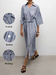 Maija Gaun Kasual Wanita Bergaris Model Lilitan Depan Kancing Bawah Panjang Sedang untuk Perjalanan - Navy Blue - View 3