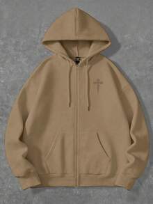 Manfinity Dauomo Men's Solid Color Drawstring Hooded Zip-Up Casual Everyday Long Sleeve Sweatshirt - Coffee Brown - View 3