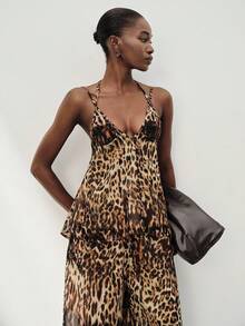 Femmeiva Women's Set Chiffon Textured Fabric Spaghetti Strap Wide Leg Style V-Neck Thin Design, All-Over Leopard Print, High Waist Pants Sexy Summer Beige - Multicolor - View 5