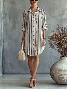 SHEIN LUNE Women's New Autumn Beige Base Asymmetrical Black Vertical Striped Shirt, Turn-Down Collar, Button-Up, Roll-Up Sleeves, Loose Long Over-The-Knee Shirt Dress - Multicolor - View 5