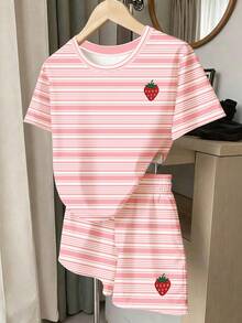 (Random Pattern, 1 Set Random) Girls' Fashion Colorful Striped Floral Strawberry Bow Print Basic Short T-Shirt And Shorts Set, Summer Daily Wear - Multicolor - View 5
