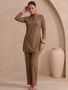 Swim Shayni 26SS 春夏度假優雅保守棕色布基尼泳衣兩件套 - 棕色 - 查看 5
