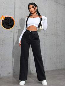 SHEIN ICON 休閒水洗直筒牛仔褲 - 黑色 - 查看 4