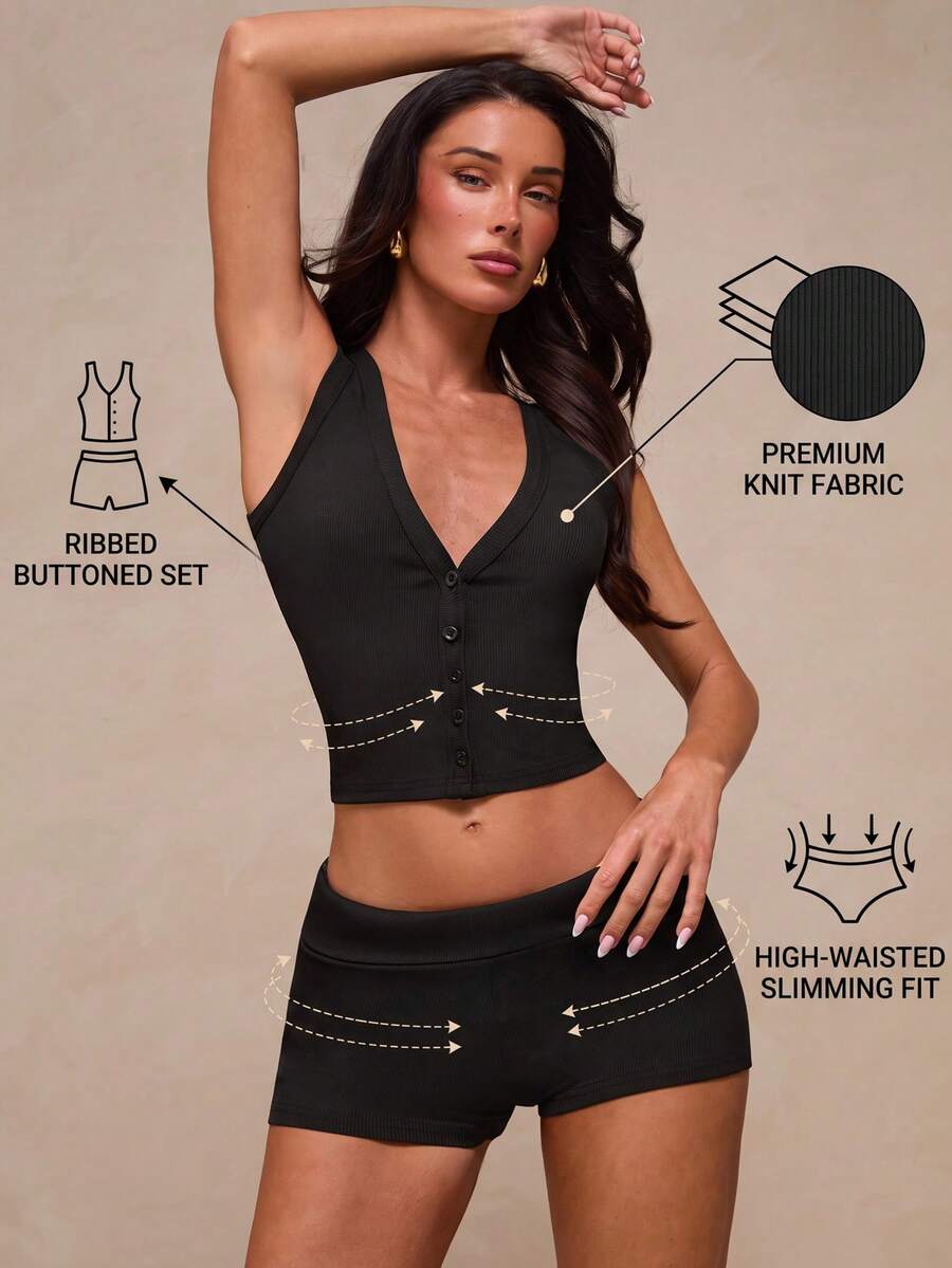 Glamine Black Deep V-Neck Sleeveless Ribbed High Elastic Button-Front Sports Tank Top & Shorts Set, Running Workout Athletic Outfit, High Elastic Yoga Wear - Black - View 1