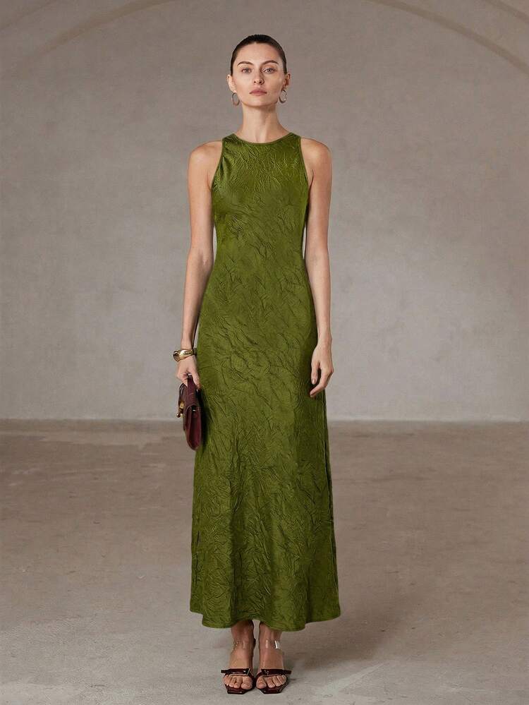 Aveloria Modichic Minimalist Elegant 3D Asymmetric Cut Double-Sided Satin Faux Acetate Fabric A-Line Slimming Versatile Sleeveless Long Dress For Women - Olive Green - View 4