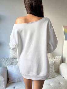 SHEIN EZwear 女款露肩寬鬆休閒長袖運動衫，鯊魚印花，海灘風 - 白色 - 查看 6