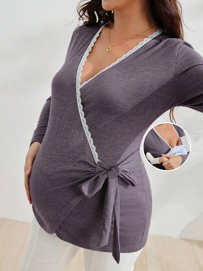 GentleRue Maternity Maternity Nursing Top, Long Sleeve V-Neck, Cross Side Bow Tie Design, Slim Fit Lace Trim Collar, Grey Knit