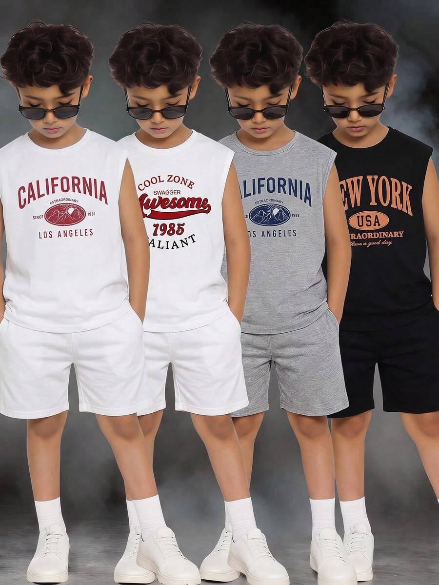 SHEIN 4pcs Kids Tween Boy Casual Street Style Solid Color Letter Patch Crew Neck Loose Sleeveless Knit Vest, 4 Colors Each, Multi-Piece Set, Suitable For Commuting, School, Daily Casual, Outings, Sports, Spring/Summer, Vacation