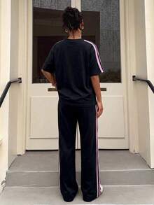 Muchica 2件組女款寬鬆條紋圓領落肩短袖T恤與鬆緊腰條紋長褲，秋冬休閒套裝，新年穿搭，聖誕睡衣，黑色，短袖兩件套，女款舒適春季兩件套 - 彩色 - 查看 2