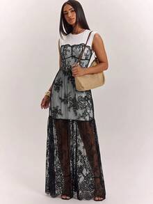 SHEIN BAE 春夏純黑色無袖拼接蕾絲女款長洋裝 - 黑與白 - 查看 6