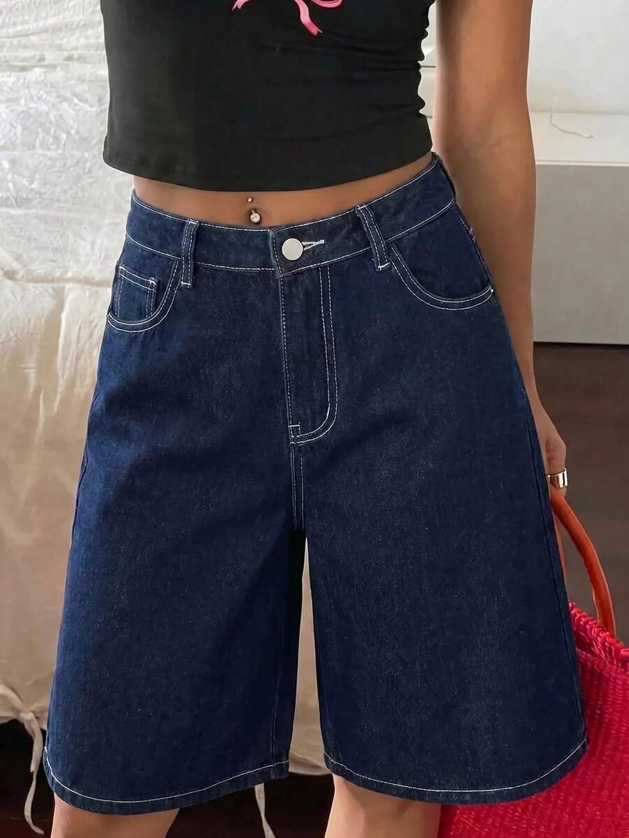 SHEIN 青少年女孩時尚返校街頭風混搭百搭設計 Y2K 復古酷街 2000s 復古水洗男友風寬鬆牛仔寬腿短褲，秋季返校街頭風日常穿搭 春夏電音節慶