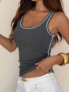 DAZY Summer Casual Colorblock Trim Tank Top - Brown - View 6