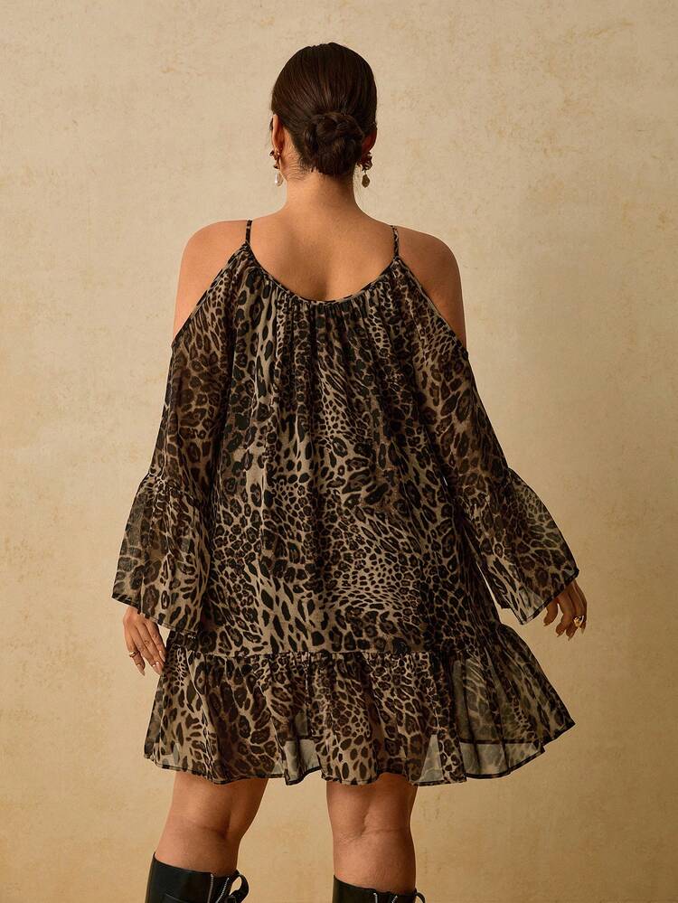 Travachic Plus Size Women's Leopard Print Front Tie Open Shoulder Long Sleeve Fashion Dress Rave Party Chocolate Brown Autumn Boho Sexy 70's - Brown - View 2