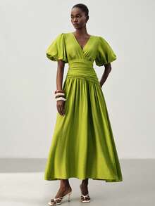 Aveloria Modichic Minimalist Design Ruched Waist Cross Neckline Petal Sleeve A-Line Long Dress For Women - Green - View 4
