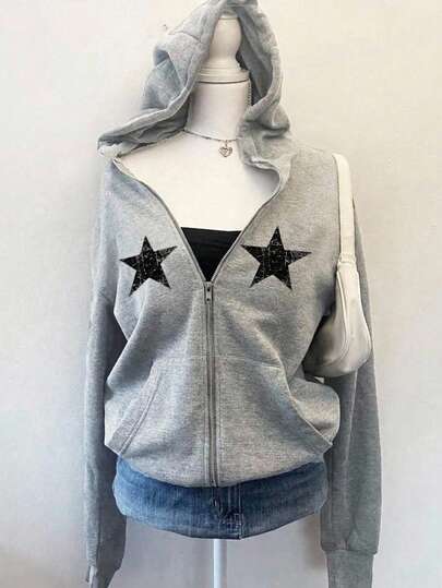 Attitoon Casual Minimalist Style Black Star Streetwear Grey Knit Hooded Open Front Sweatshirt For Women, Suitable For Autumn/Winter Y2K