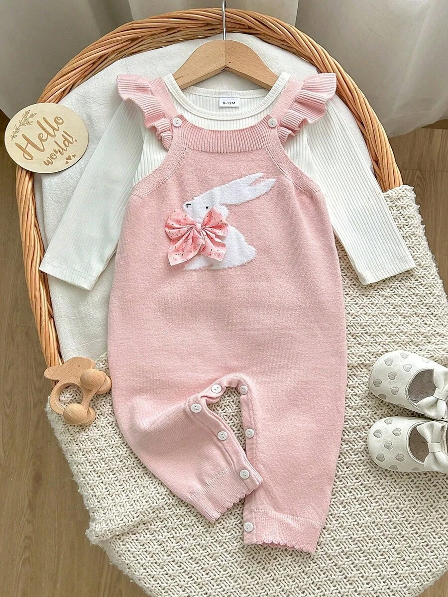 SHEIN Newborn Baby Girl Pink Knit Jumpsuit, Knitted Overalls, Soft And Comfortable For Autumn/Winter, Rabbit Pattern - Dusty Pink - View 1