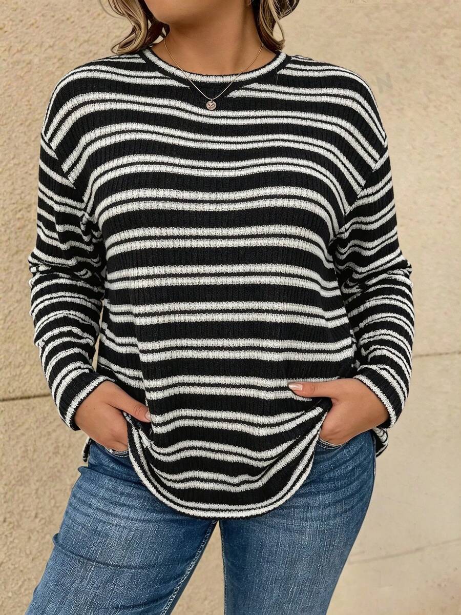 Vionelle Plus Size Ribbed Ribbed Elastic Round Neck Long Sleeve All-Match Casual Minimalist Versatile Autumn/Winter Women's T-Shirt - Black - View 1