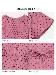 ELLERISSA Blusa de talla grande color rojo violeta con lunares, cuello en V, botones delanteros, lazo en la espalda y mangas volantes - Rojo violeta - Ver 6