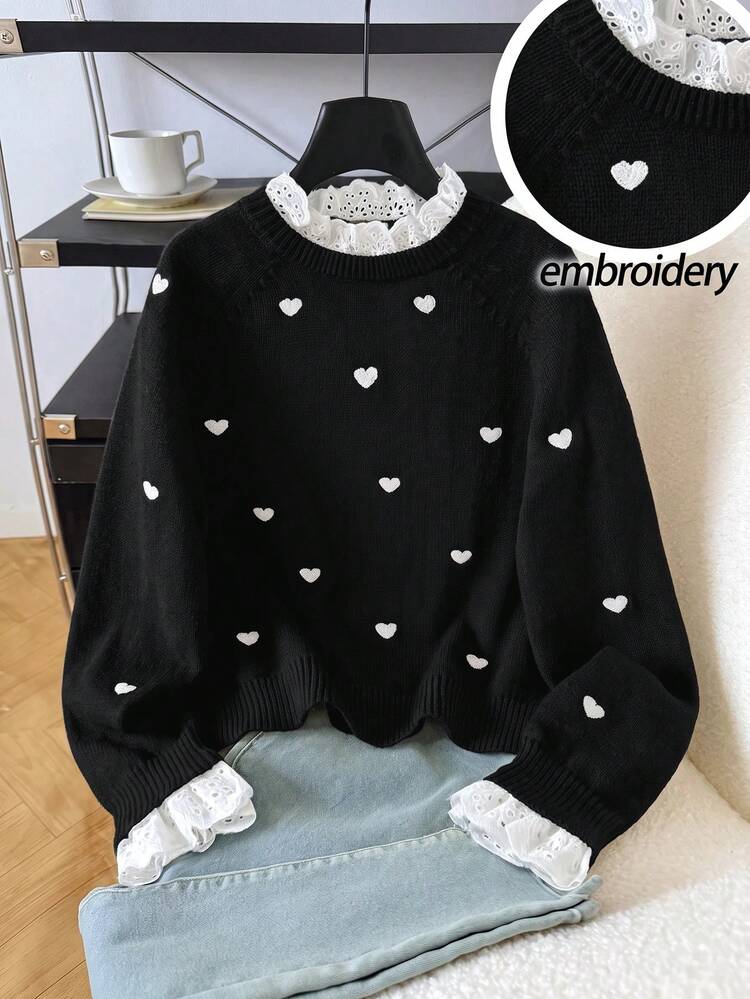 SHEIN Tween Girl Patchwork Embroidered Stand Collar Long Sleeve Heart Pattern Sweater - Black - View 2