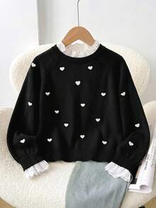 SHEIN Tween Girl Patchwork Embroidered Stand Collar Long Sleeve Heart Pattern Sweater - Black - View 8