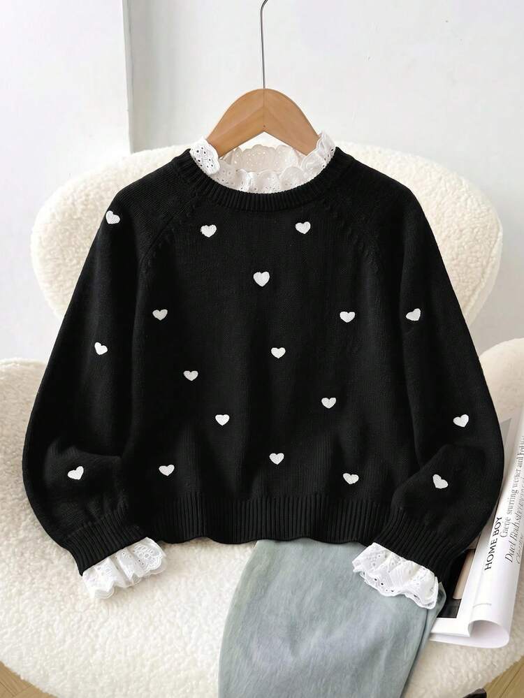 SHEIN Tween Girl Patchwork Embroidered Stand Collar Long Sleeve Heart Pattern Sweater - Black - View 8